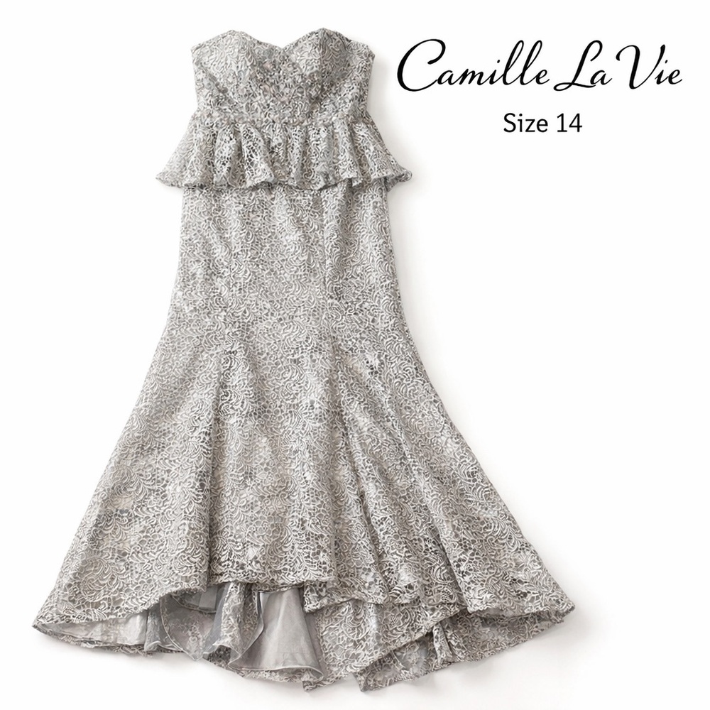 Camille La Vie Strapless Lace Gown Size 14 Peplum Formal Evening Dress